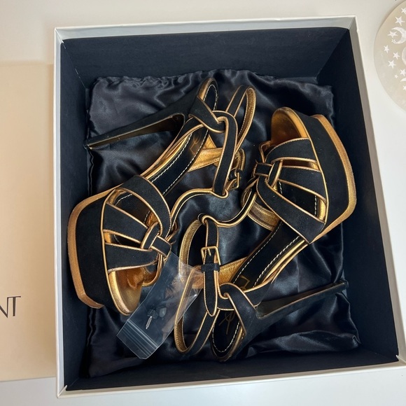 Yves Saint Laurent YSL Suede Black Gold Cutout Accent T-Strap Sandals - Picture 4 of 13
